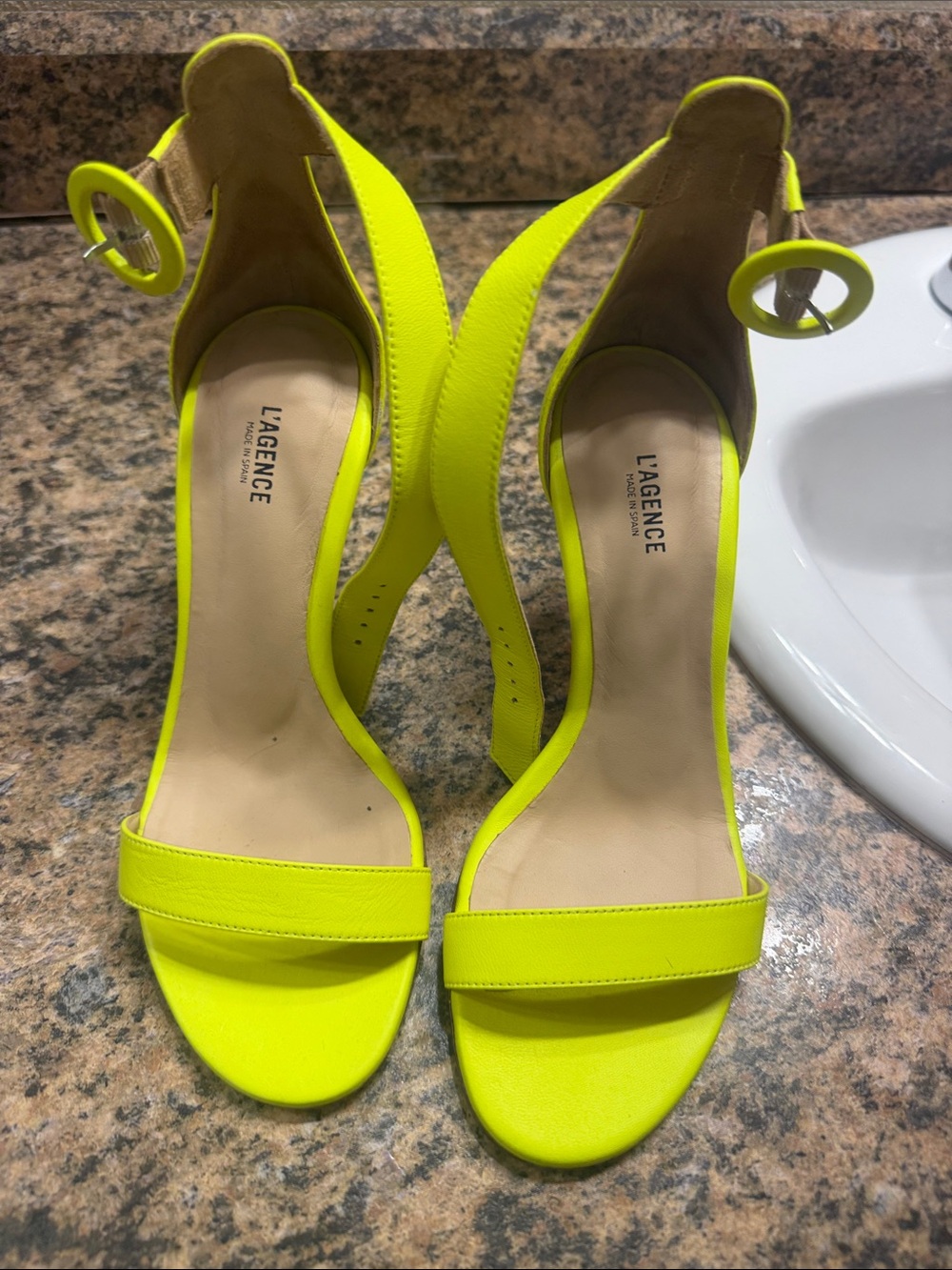 L'AGENCE Neon Yellow Slingback Sandals with Round Buckle